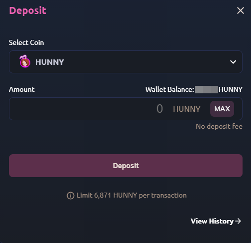 HunnyPlay Deposit - Enter the amount and press Deposit